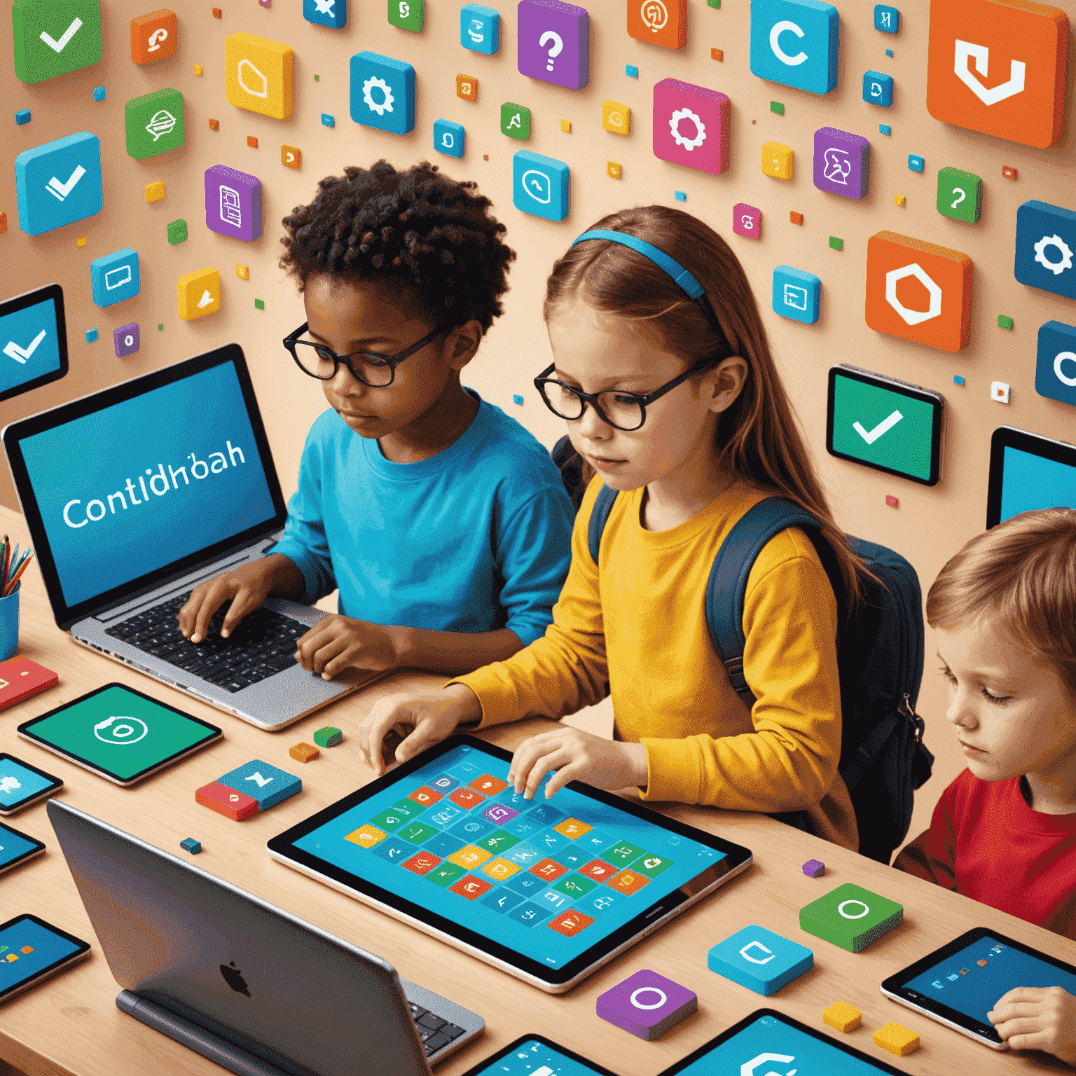 Niños programando con bloques de código en tabletas y computadoras, rodeados de iconos coloridos de programación