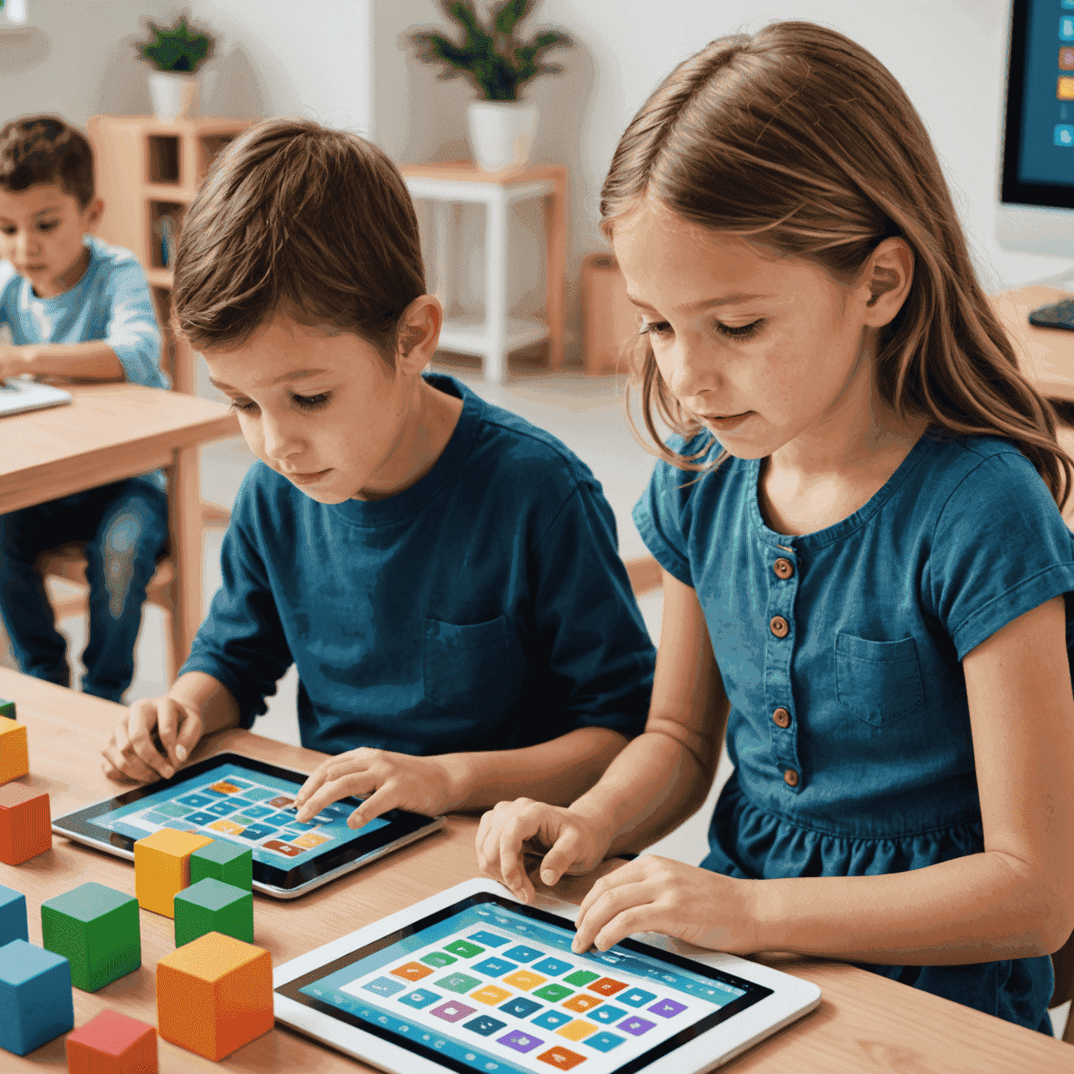 Niños programando en tablets y computadoras, usando interfaces coloridas y amigables de programación por bloques