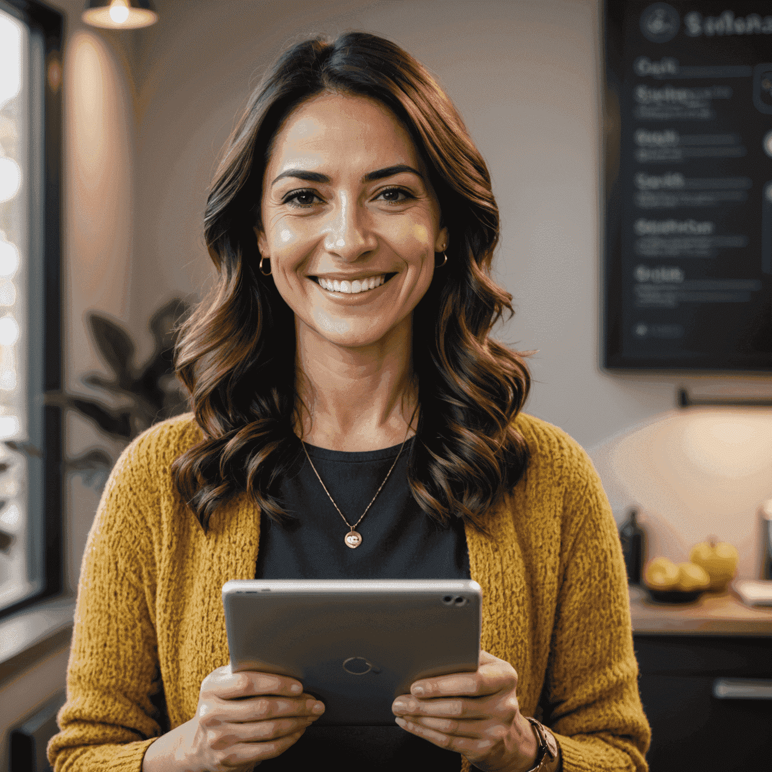 María Fernández sonriendo mientras muestra su aplicación en una tablet