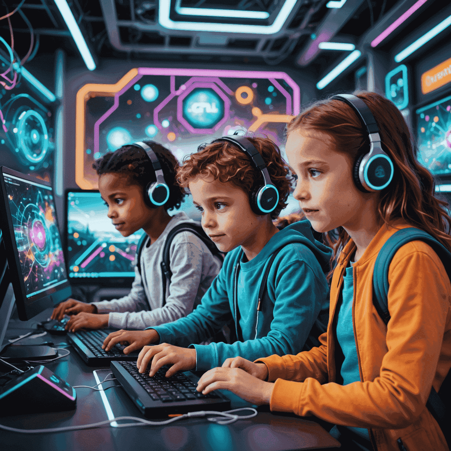 Niños emocionados trabajando en computadoras, aprendiendo conceptos de IA y aprendizaje automático en un ambiente colorido y futurista