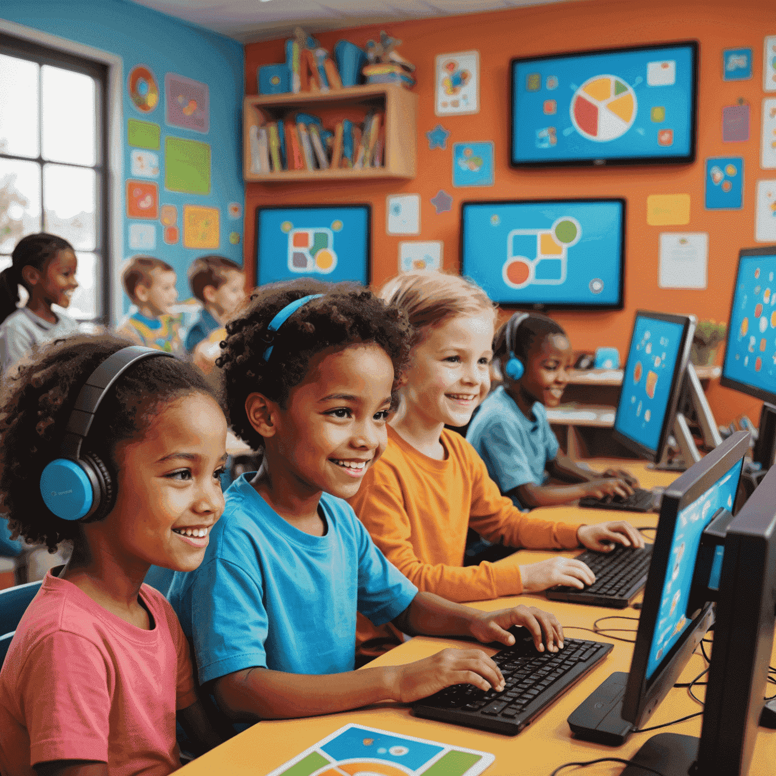 Niños programando en computadoras, sonriendo y trabajando juntos en un ambiente colorido y divertido