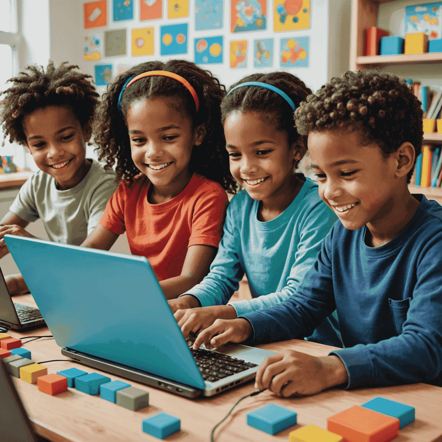 Niños sonrientes trabajando juntos en computadoras, usando una interfaz de programación por bloques colorida y atractiva