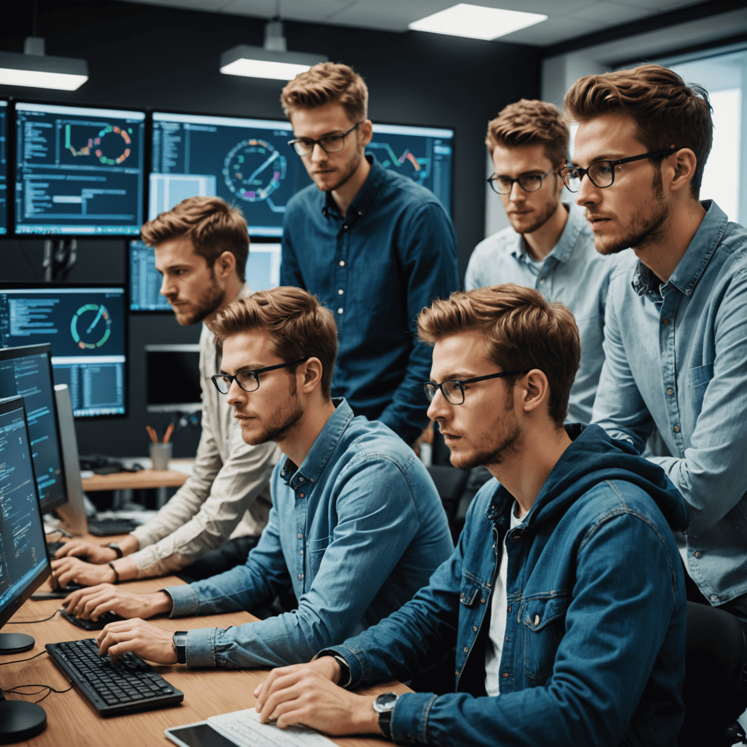 Grupo de jóvenes programadores trabajando juntos en un proyecto avanzado de codificación, utilizando múltiples pantallas y discutiendo algoritmos complejos