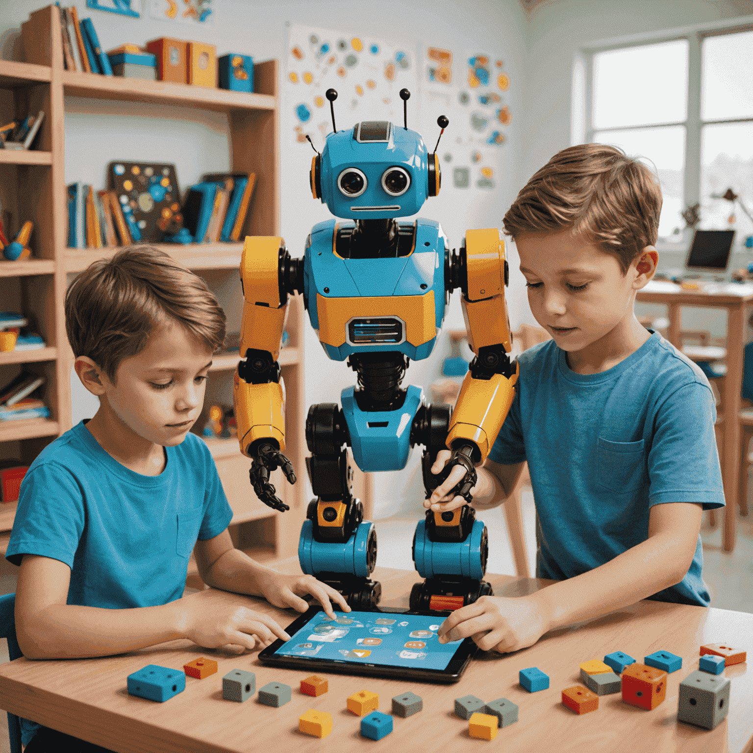 Niños trabajando en equipo para construir y programar un robot colorido en un ambiente de aprendizaje interactivo. El robot tiene sensores y brazos móviles, y los niños están usando tablets para programarlo.