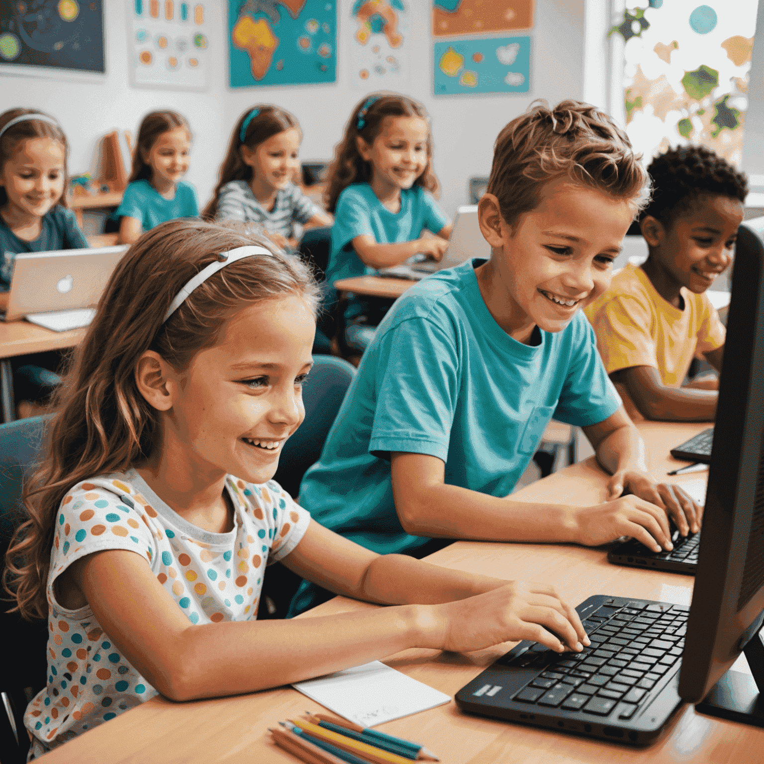Niños sonrientes trabajando en computadoras, diseñando sitios web coloridos con interfaces amigables para niños. La imagen muestra un ambiente de aprendizaje divertido y creativo.