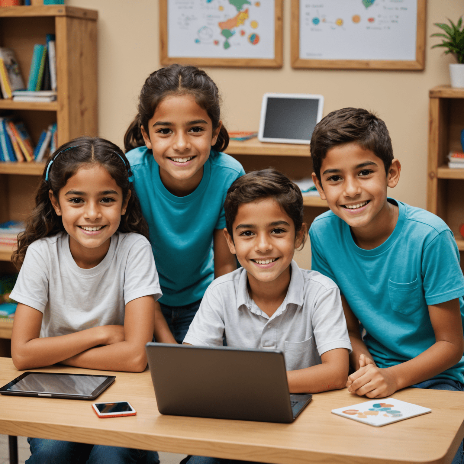 Grupo de niños mexicanos sonrientes mostrando sus proyectos de programación en computadoras y tablets