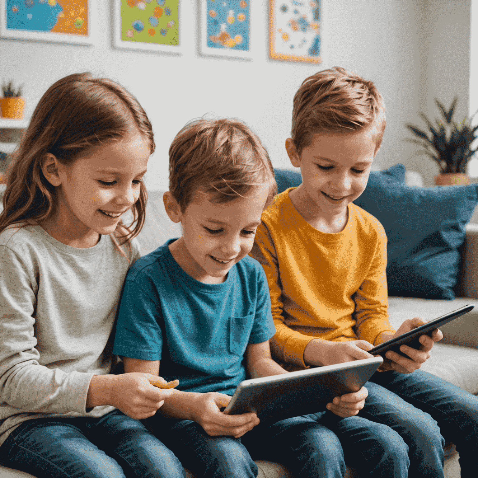 Niños emocionados mostrando juegos que han creado en tablets, con interfaces de desarrollo de juegos coloridas y amigables