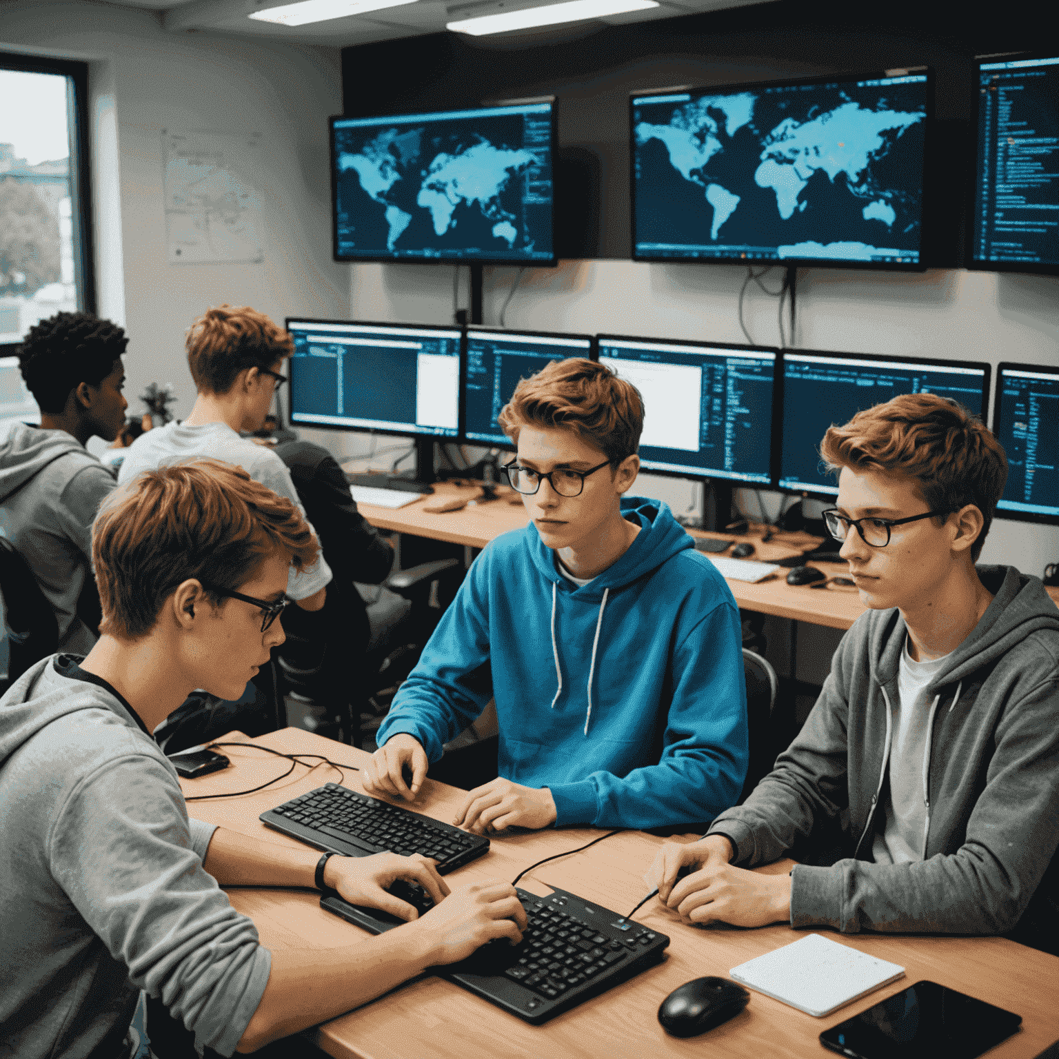 Adolescentes trabajando en proyectos de programación complejos, usando múltiples pantallas y discutiendo algoritmos