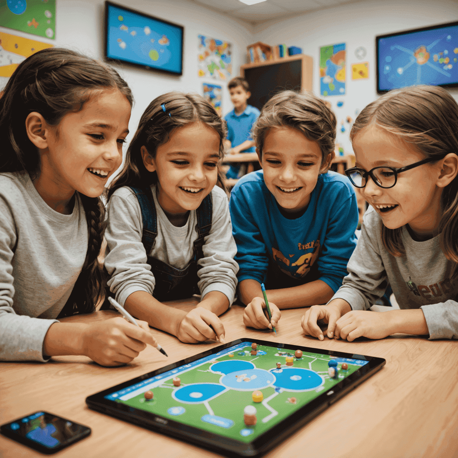 Grupo de niños emocionados frente a pantallas, diseñando y jugando juegos simples que ellos mismos han creado