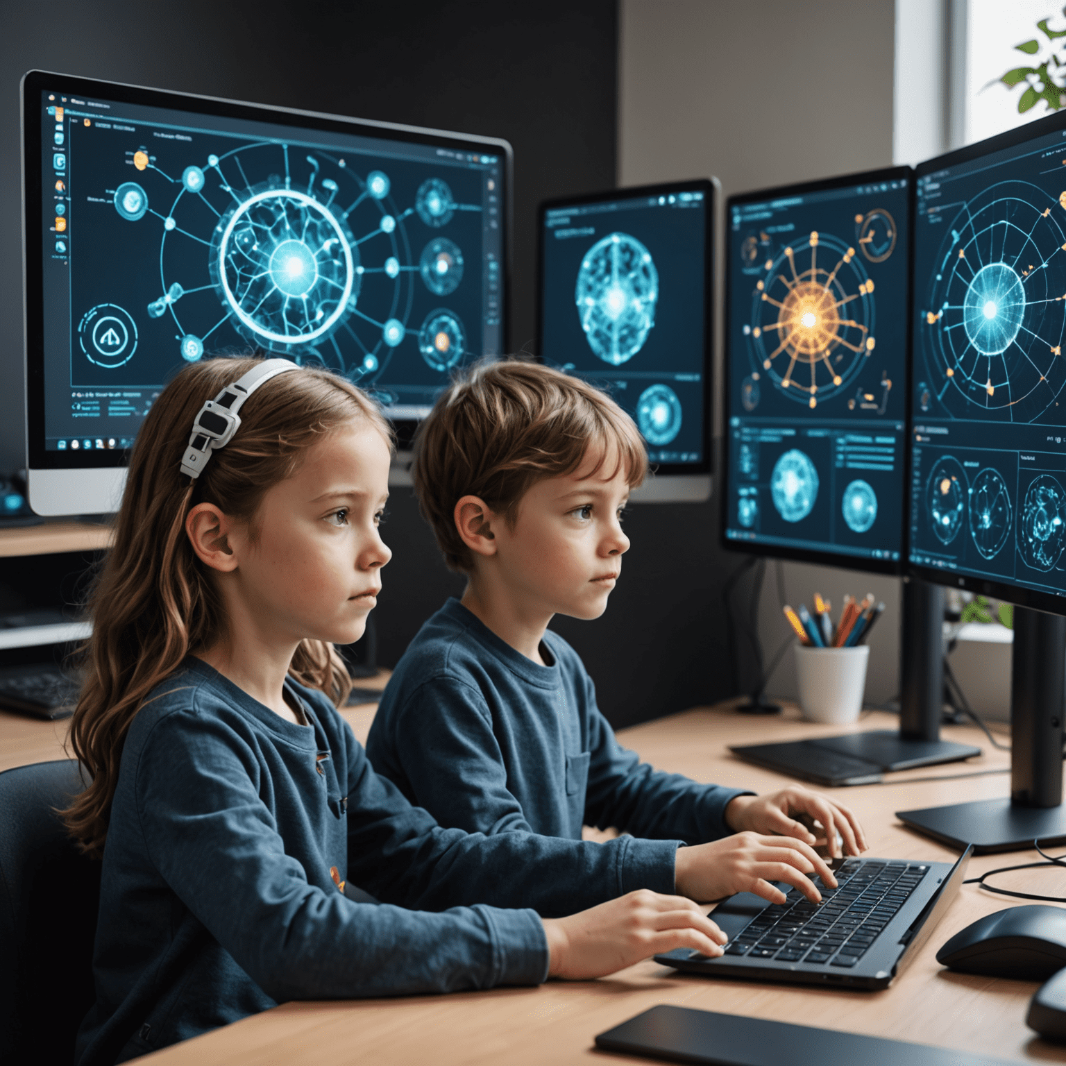 Niños trabajando en proyectos de inteligencia artificial en computadoras, con visualizaciones de redes neuronales y modelos de aprendizaje automático simplificados