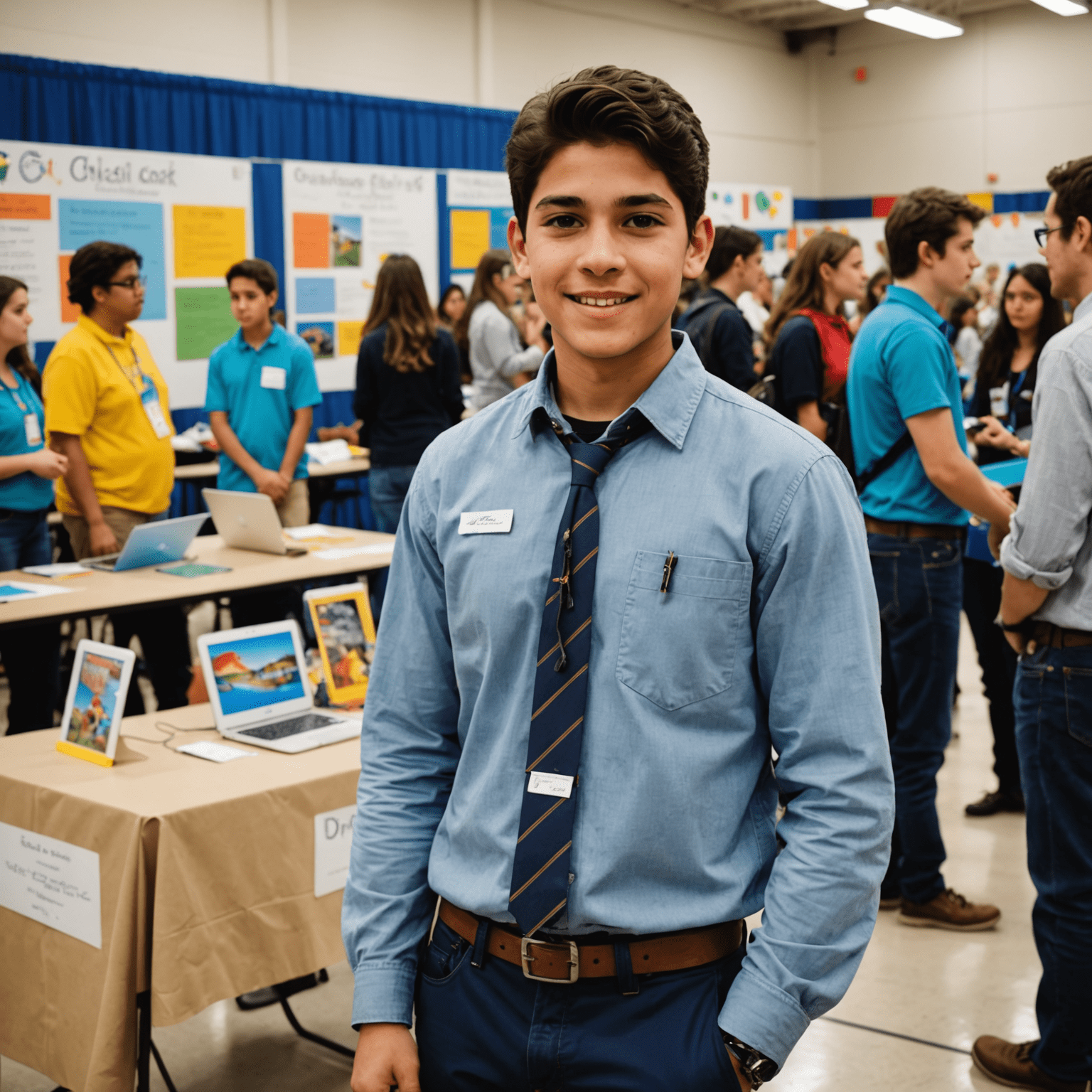 Diego Ortiz presentando su proyecto de programación en una feria escolar