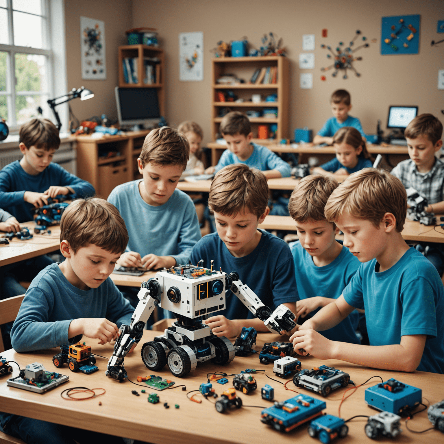 Niños construyendo y programando robots, rodeados de piezas de robótica y computadoras
