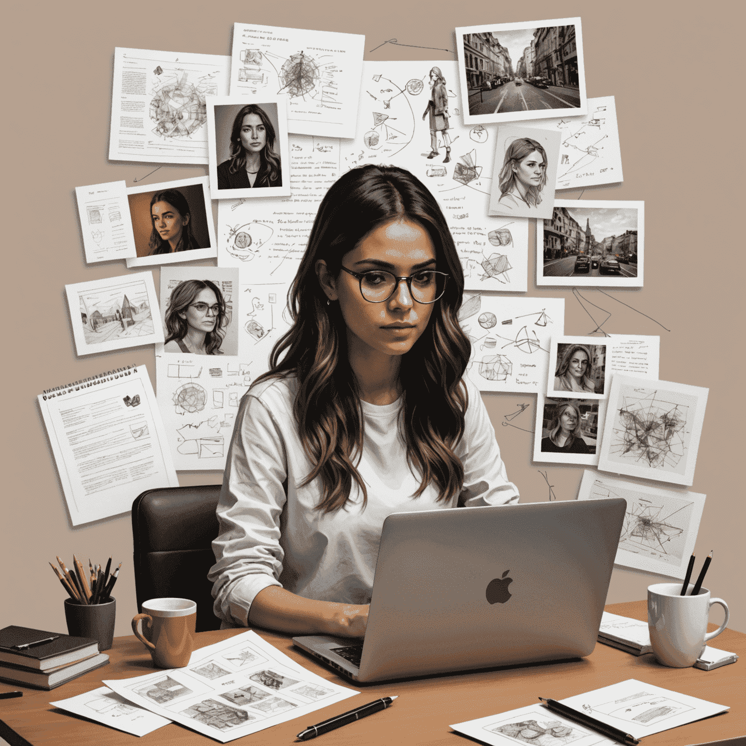 Valentina Gómez trabajando en su laptop, rodeada de notas y dibujos de diseño web