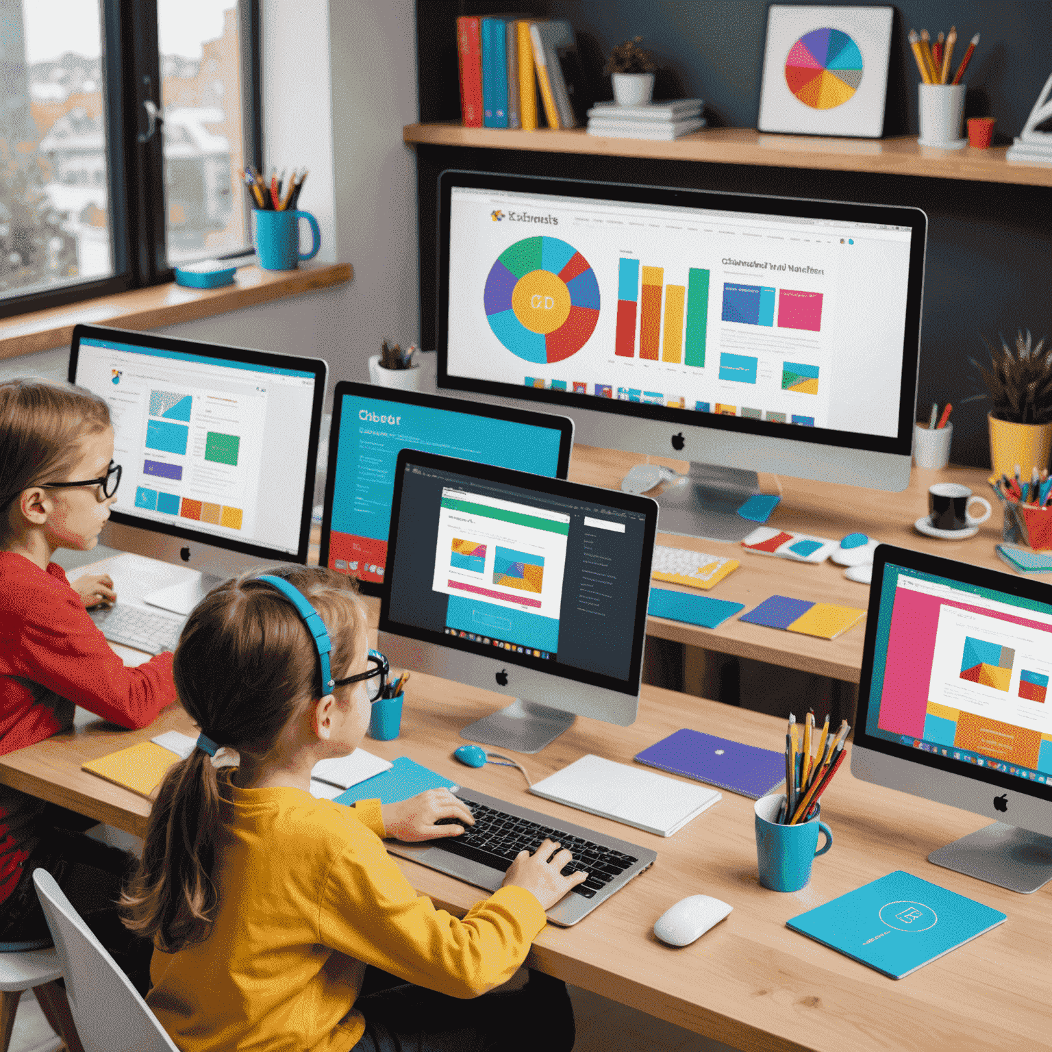 Niños diseñando sitios web coloridos en computadoras, con ejemplos de código HTML y CSS visibles